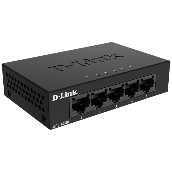 Front angle view of D-Link 5 Port Ethernet Gigabit Switch.