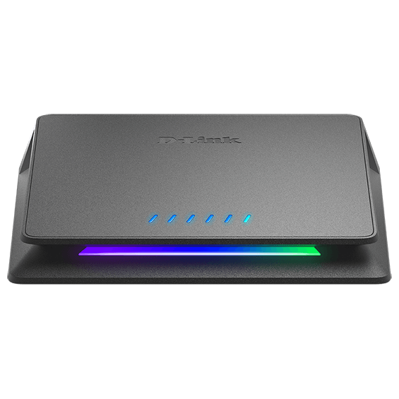 Top front angle view of D-Link 6-Port Multi-Gigabit Unmanaged Switch.